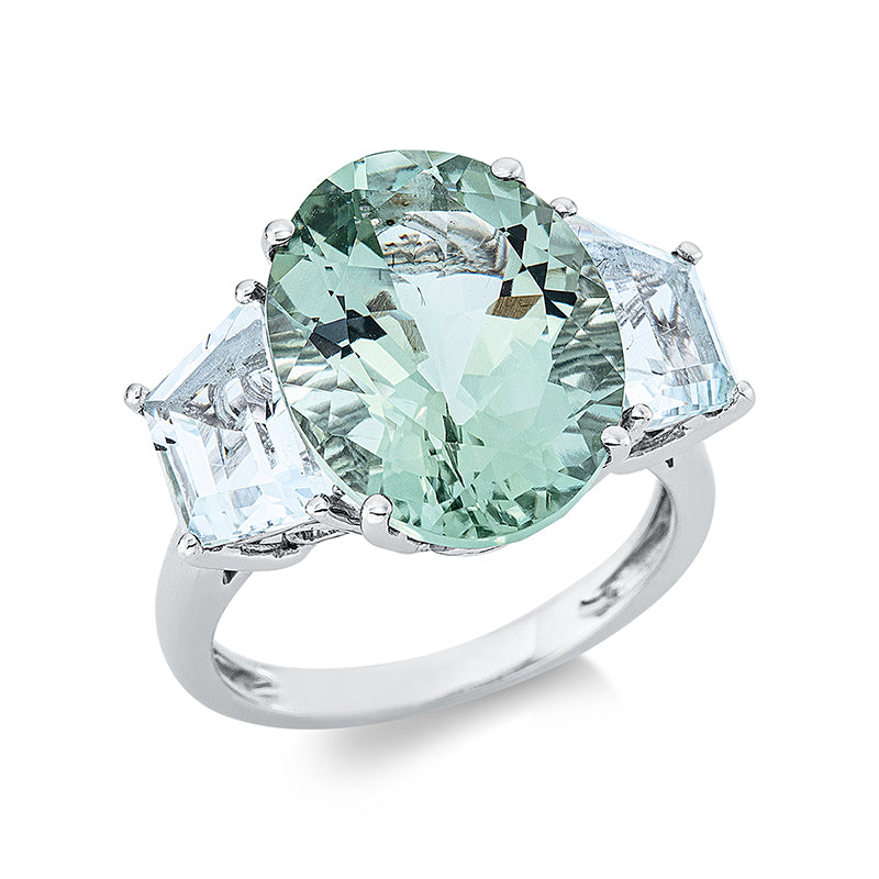 Ring 18 kt WG, 1 Amethyst 8,30 ct grün, 2 Topase 3,60 ct weiß