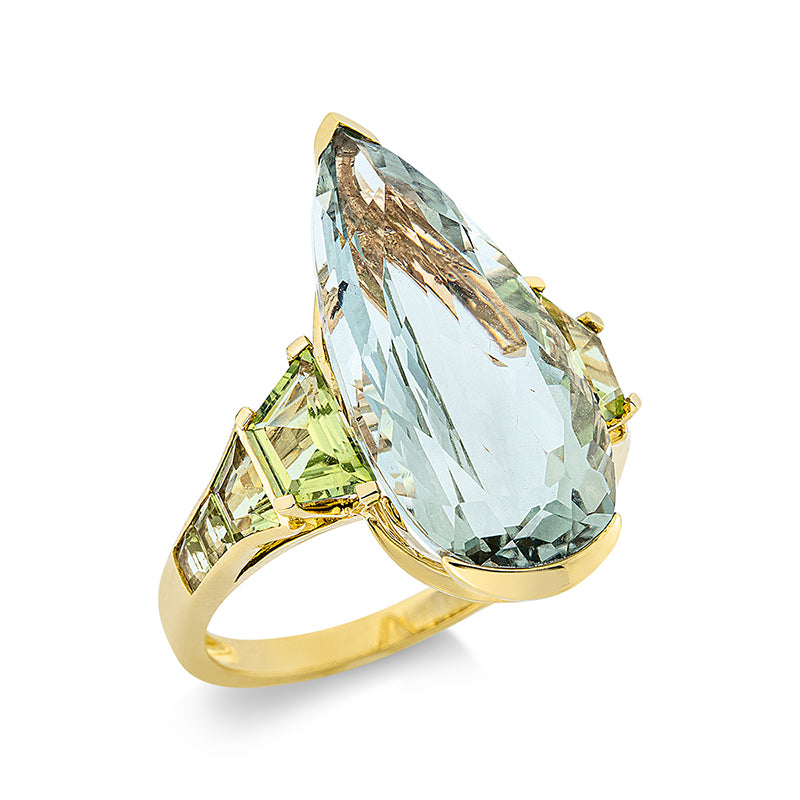 Ring 18 kt GG, 1 Amethyst 8,90 ct grün, 8 Peridot 2,50 ct grün