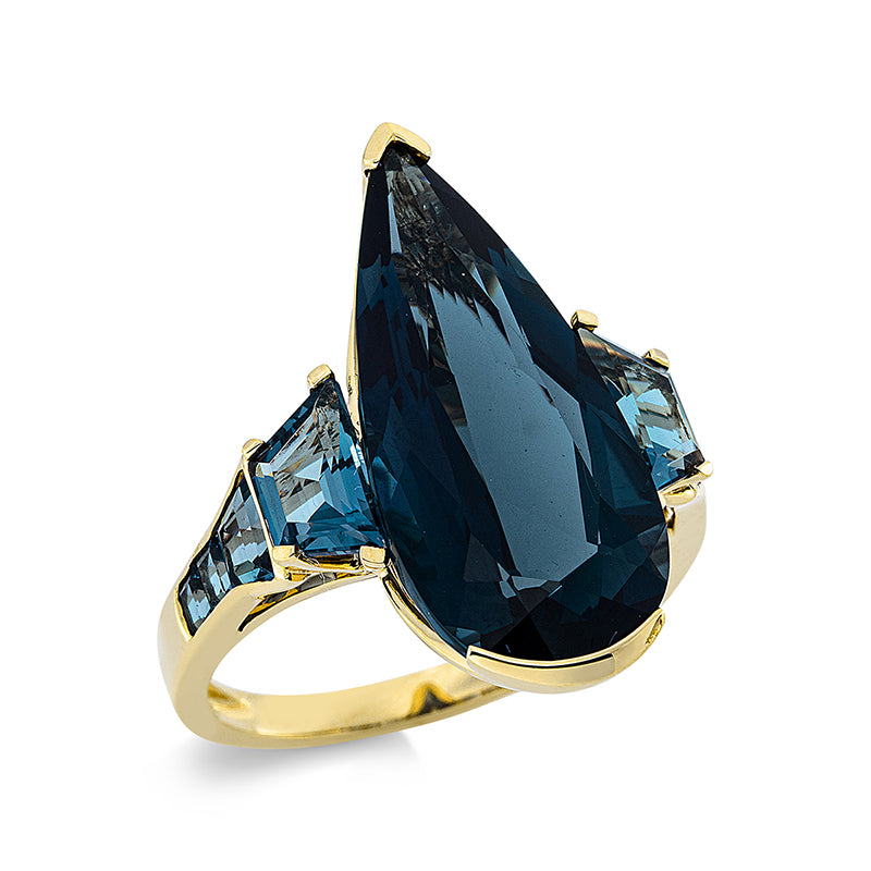 Ring 18 kt GG, 1 Topas 9,70 ct Lond. blue, 8 Topase 2,70 ct Lond. blue