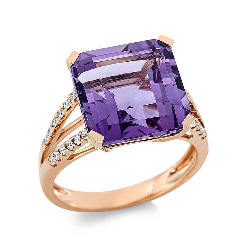 Ring 4er-Krappe 18 kt RG. 24 Brillanten 0.21 ct. TW-si. 1 Amethyst 8.70 ct lila. Weite:54