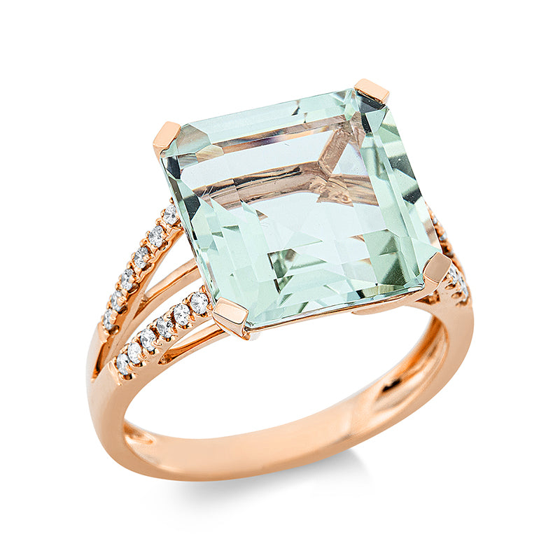 Ring 4er-Krappe 18 kt RG. 24 Brillanten 0.21 ct. TW-si. 1 Amethyst 8.10 ct grün. Weite:54
