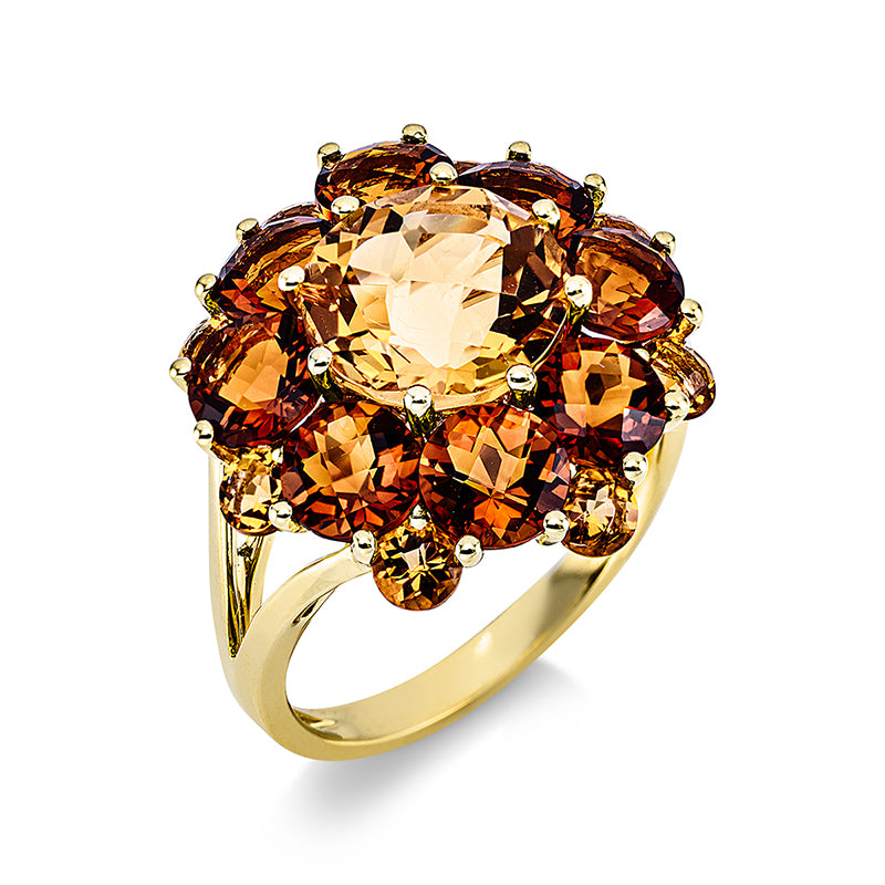 Ring 18 kt GG, 1 Citrin 2,90 ct gelb, 8 Citrin 1,00 ct gelb, 8 Citrin 3,60 ct mandarin