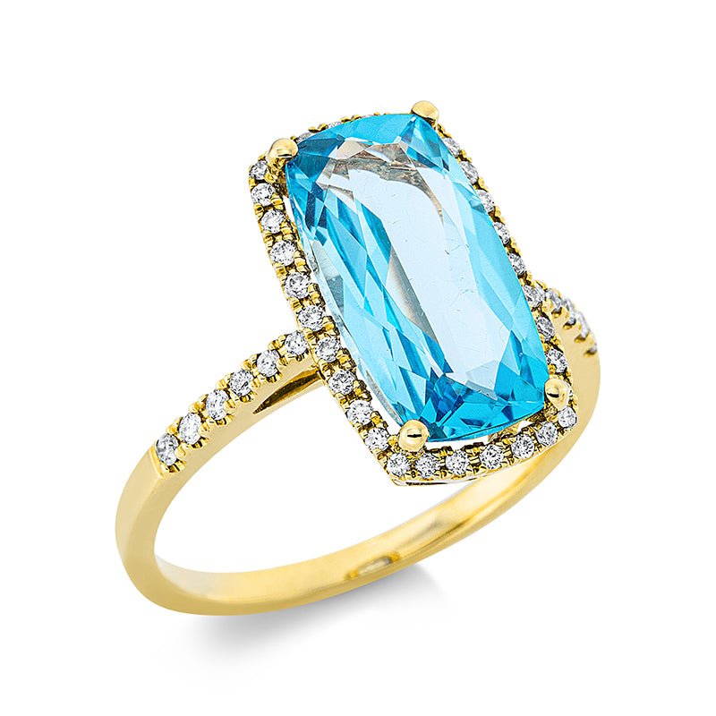 Ring 18 kt GG, 44 Brill. 0,24 ct, TW-si, 1 Topas 4,50 ct blau