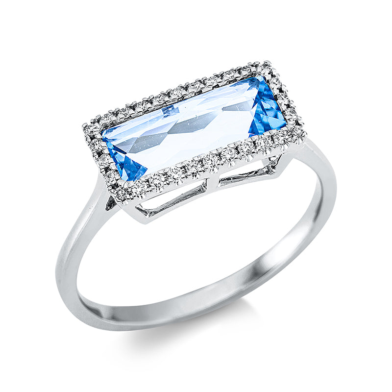 Ring 18 kt WG, 28 Brill. 0,12 ct, TW-si, 1 Topas 2,00 ct blau