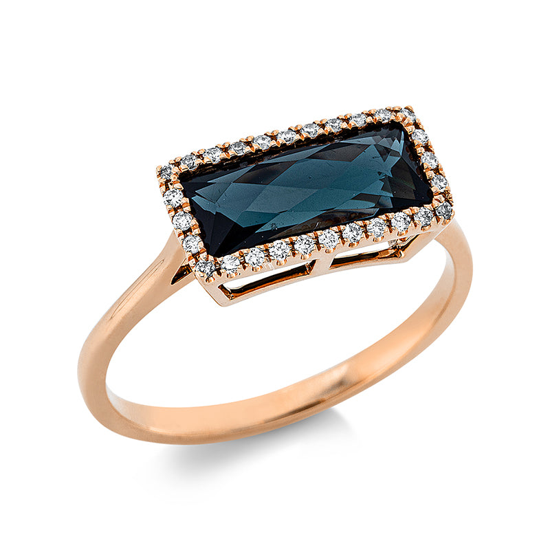 Ring 18 kt RG, 28 Brill. 0,12 ct, TW-si, 1 Topas 2,00 ct Lond. blue