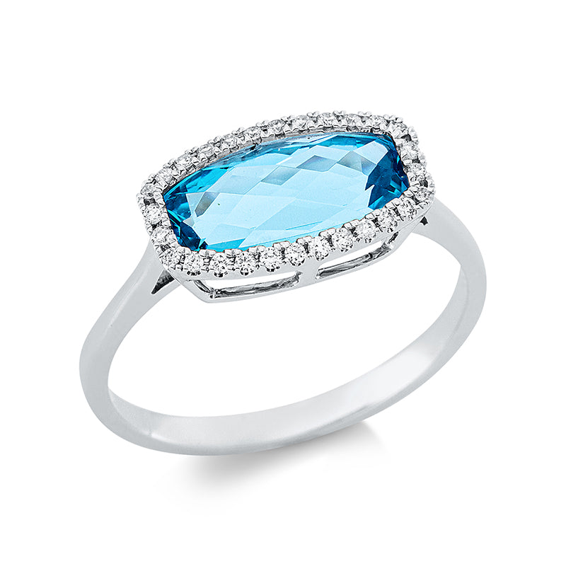 Ring 18 kt WG, 28 Brill. 0,12 ct, TW-si, 1 Topas 2,30 ct blau