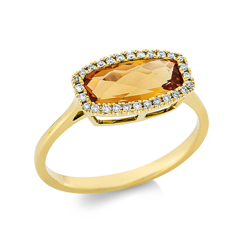 Ring 18 kt GG, 28 Brill. 0,12 ct, TW-si, 1 Citrin 1,70 ct gelb