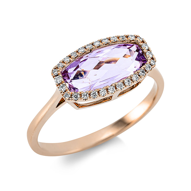 Ring 18 kt RG, 28 Brill. 0,12 ct, TW-si, 1 Amethyst 1,90 ct lila