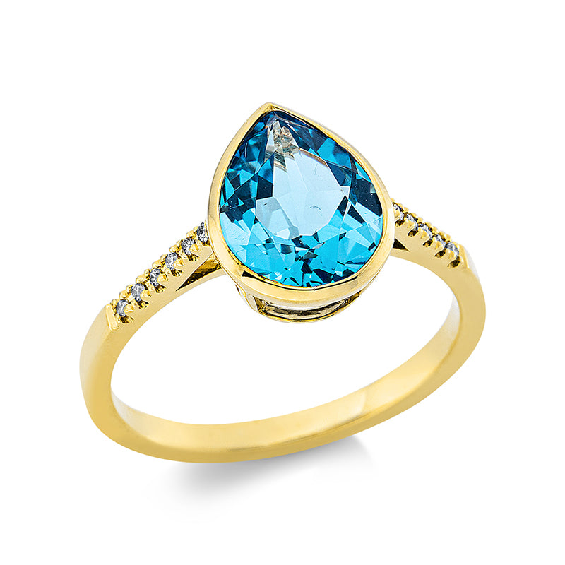 Ring 18 kt GG, 12 Brill. 0,05 ct, TW-si, 1 Topas 3,10 ct blau