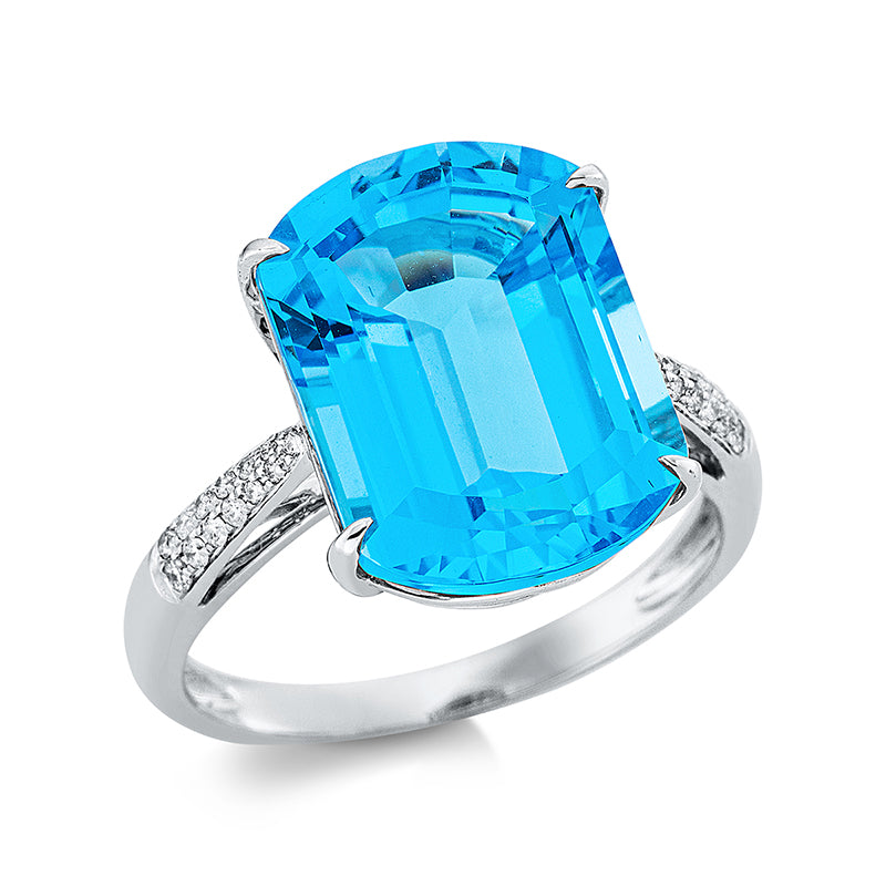 Ring 18 kt WG, 26 Brill. 0,12 ct, TW-si, 1 Topas 11,80 ct blau
