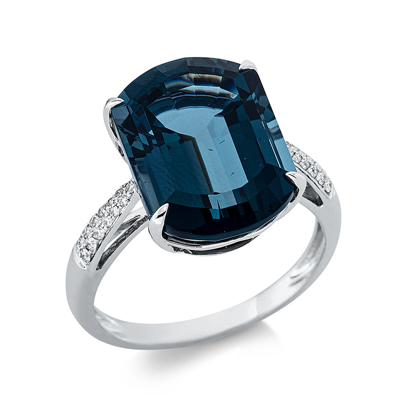 Ring 18 kt WG, 26 Brill. 0,12 ct, TW-si, 1 Topas 11,80 ct Lond. blue