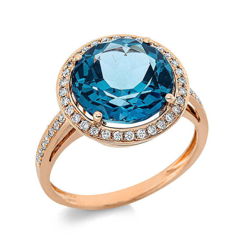 Ring 18 kt RG, 46 Brill. 0,25 ct, TW-si, 1 Topas 6,50 ct Lond. blue