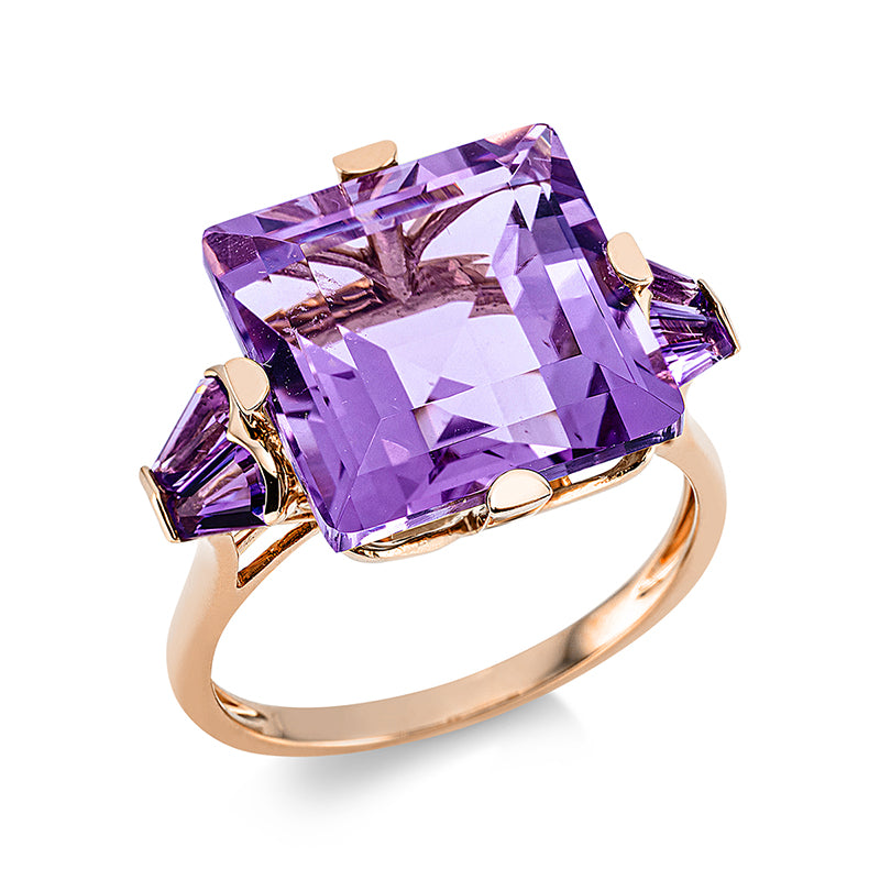 Ring 4er-Krappe 18 kt RG. 1 Amethyst 8.60 ct lila. 2 Amethyste 4.50 ct lila. Weite:54