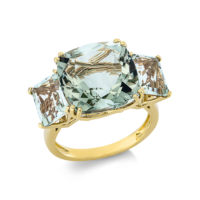 Ring 4er-Krappe 18 kt GG. 1 Amethyst 10.20 ct grün. 2 Amethyste 2.90 ct grün. Weite:54