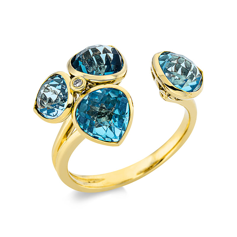 Ring 18 kt GG. 1 Brill. 0.01 ct. TW-si. 1 Topas 1.70 ct Lond. blue. 3 Topase 4.50 ct blau. Weite:54