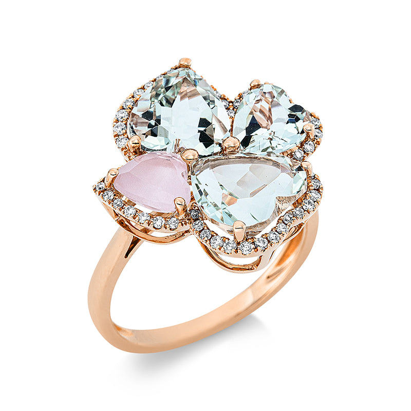 Ring 18 kt RG. 53 Brillanten 0.23 ct. TW-si. 3 Amethyste 6.10 ct grün. 1 Rosenquarz 0.80 ct rosa. Weite:54