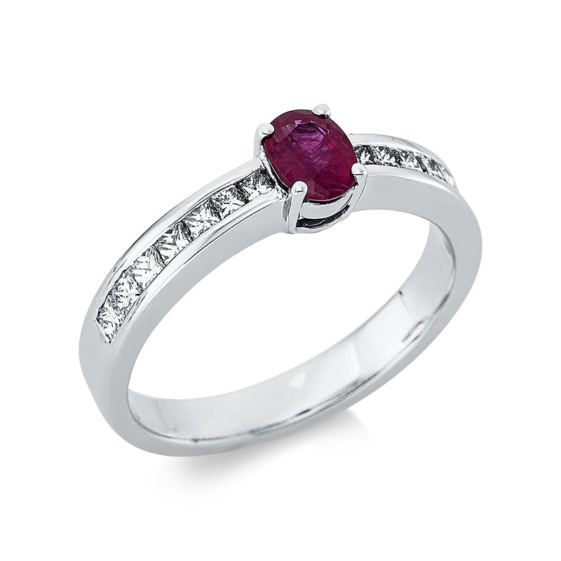 Ring 18 kt WG, 14 Princ. 0,45 ct, TW-vsi, 1 Rubin 0,47 ct rot