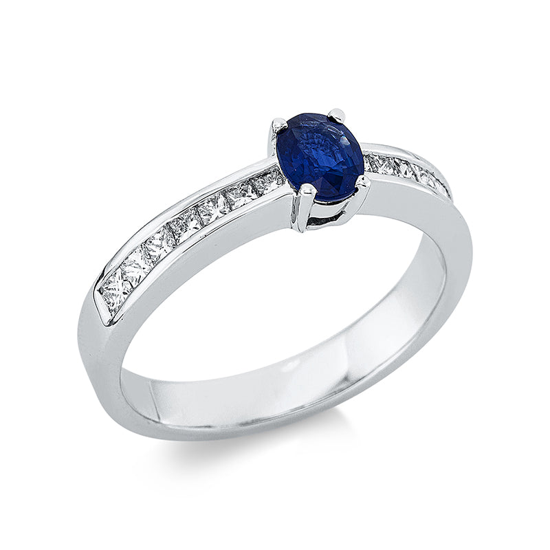 Ring 18 kt WG, 14 Princ. 0,48 ct, TW-vsi, 1 Saphir 0,51 ct blau