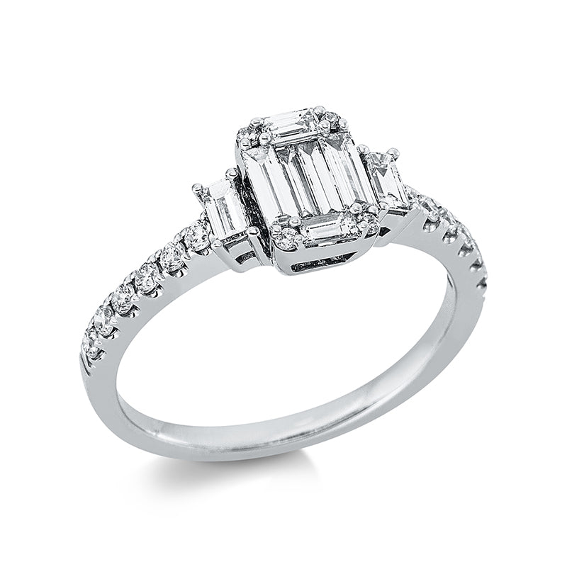 Ring 18 kt WG, 12 Brill. 0,20 ct, TW-si, 4 Bag. 0,23 ct, E-vsi/si, 4 Bag. 0,24 ct, E-vsi/si, 4 Brill. 0,03 ct, TW-si