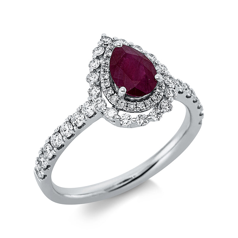 Ring 18 kt WG, 52 Brill. 0,57 ct, TW-si, 1 Rubin 0,92 ct rot