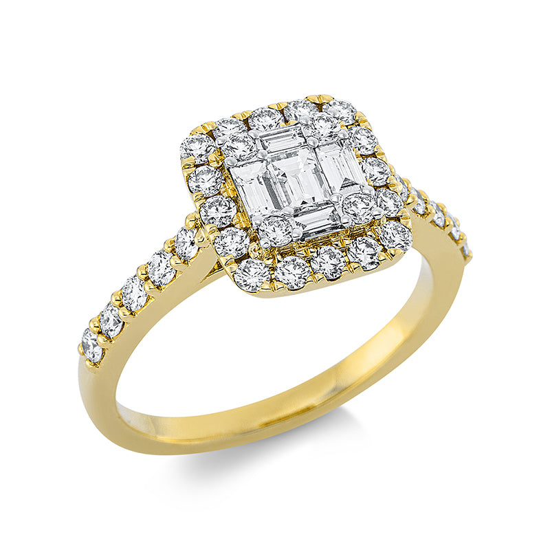 Ring 18 kt GG+WG. 4 Baguette 0.16 ct. TW-si. 1 Bag. 0.16 ct. TW-si. 30 Brillanten 0.64 ct. TW-si. H:10.0 mm. B:10.4 mm. Weite:54