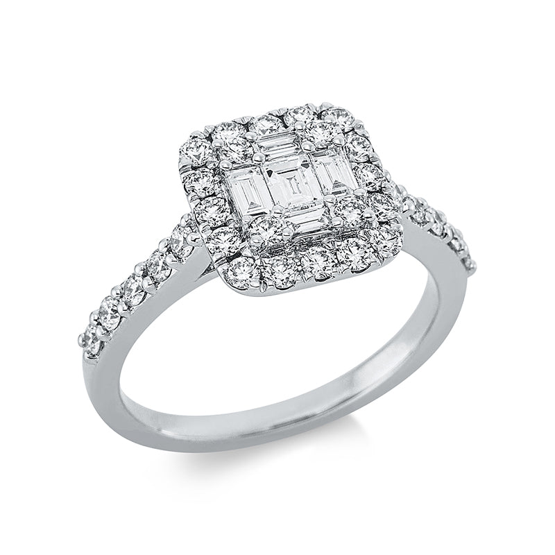 Ring 18 kt WG, 4 Bag. 0,16 ct, TW-si, 1 Bag. 0,14 ct, TW-si, 30 Brill. 0,65 ct, TW-si