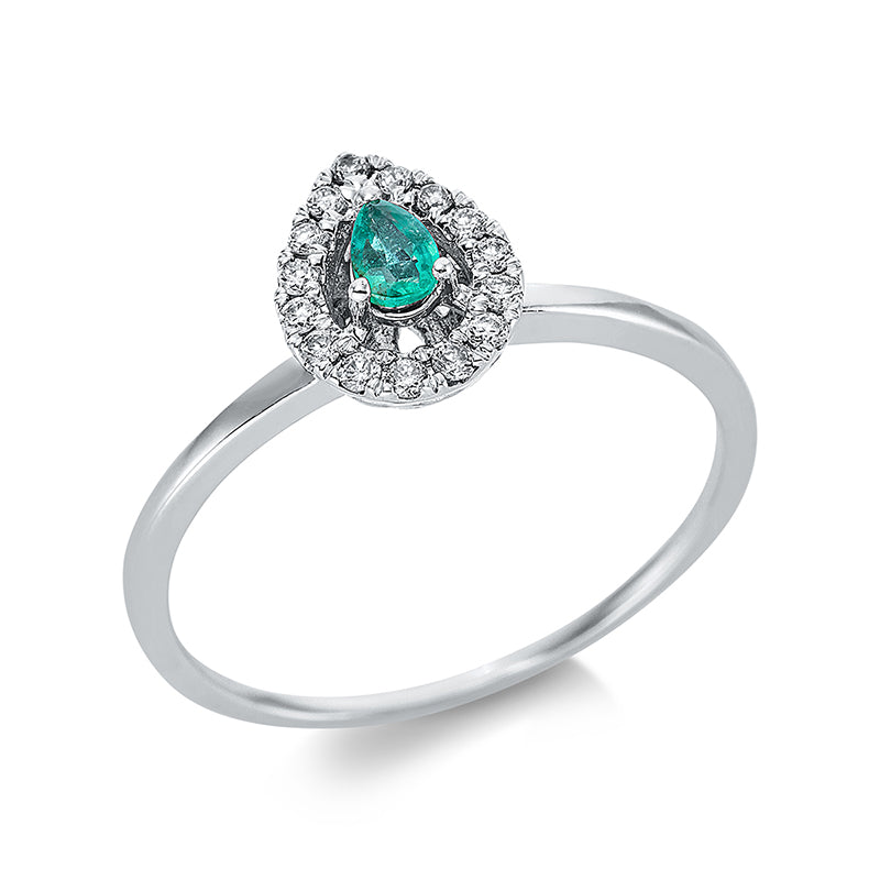 Ring 18 kt WG, 15 Brill. 0,11 ct, TW-si, 1 Smaragd 0,12 ct grün