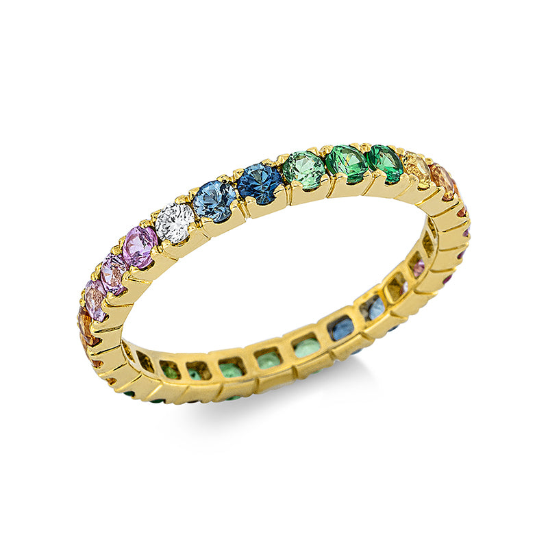 Ring 18 kt GG. 2 Brillanten 0.09 ct. TW-vsi/si. 25 Saphire 1.50 ct multicolor. B:2.3 mm. Weite:54