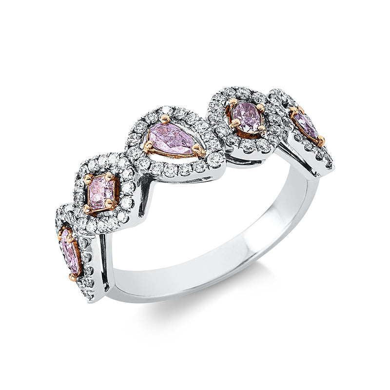 Ring 18 kt WG+RG. 76 Brillanten 0.41 ct. TW-vsi. 5 Diamanten 0.49 ct. pink. B:7.0 mm. Weite:53