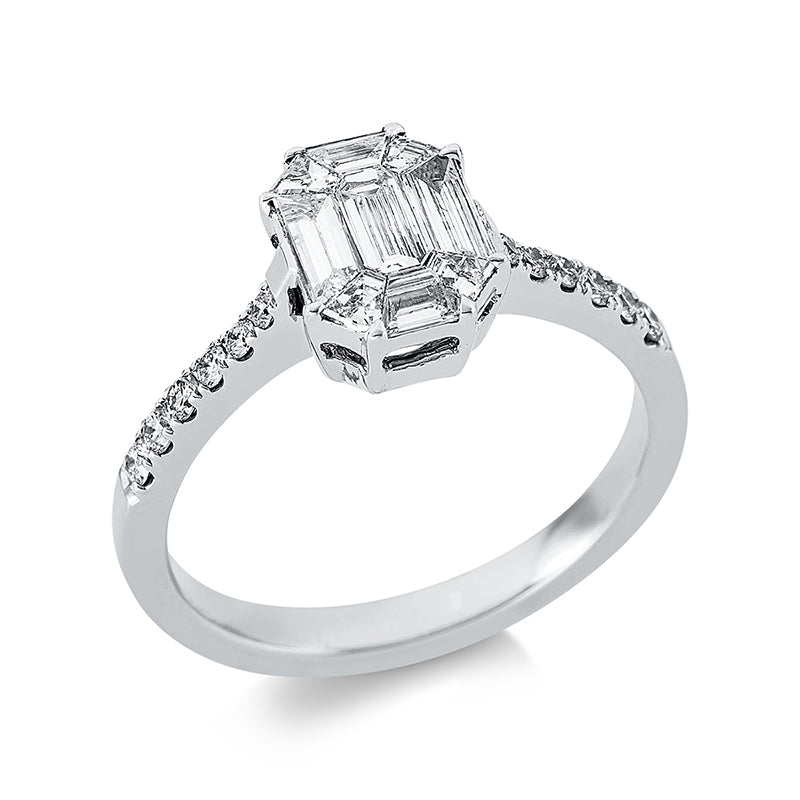 Ring 18 kt WG. 9 Fant-Schl. 0.60 ct. D-vvs/vs. 12 Brillanten 0.17 ct. D-vsi. H:6.8 mm. B:8.8 mm. Weite:53