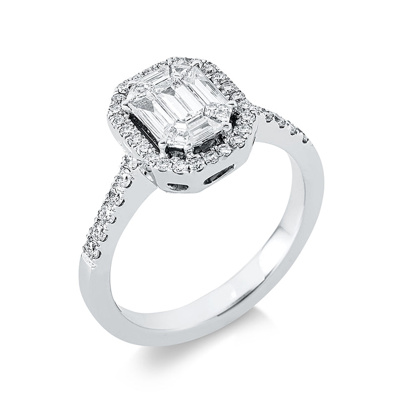 Ring 18 kt WG. 9 Fant-Schl. 0.49 ct. D-vvs/vs. 38 Brillanten 0.34 ct. D-vsi. H:9.4 mm. B:10.5 mm. Weite:53