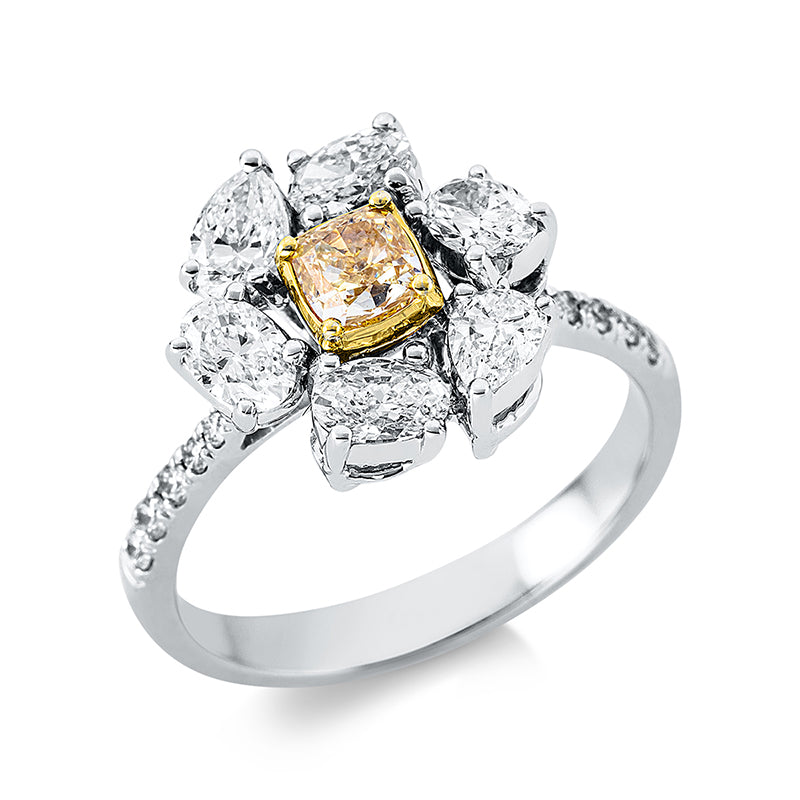 Ring 18 kt WG+GG. 2 Tropfen 0.36 ct. TW-vsi. 4 Oval 0.74 ct. TW-vsi. 1 Cushion 0.41 ct. gelb-vsi. 14 Brillanten 0.14 ct. D-vsi. H:13.1 mm. B:12.2 mm. Weite:53