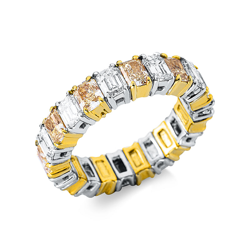 Ring 18 kt WG+GG. 11 Sm.schliff 2.73 ct. D-vsi. 11 Radiant 3.15 ct. gelb-vsi. B:5.0 mm. Weite:53