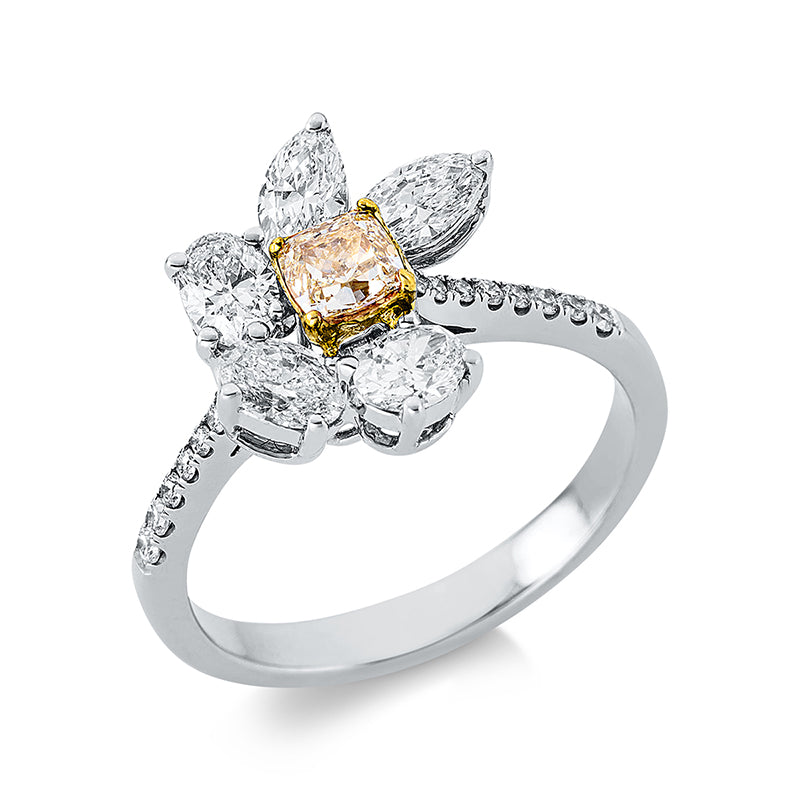 Ring 18 kt WG+GG. 3 Oval 0.60 ct. TW-vsi. 2 Navette 0.41 ct. TW-vsi. 1 Cushion 0.39 ct. gelb-vsi. 15 Brillanten 0.11 ct. D-vsi. H:11.7 mm. B:13.3 mm. Weite:53