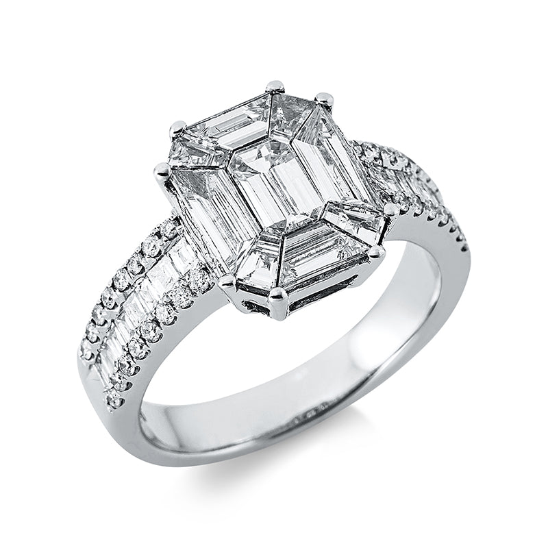 Ring 18 kt WG. 16 Baguette 0.24 ct. TW-vsi. 9 Fant-Schl. 1.59 ct. TW-vsi. 32 Brillanten 0.19 ct. TW-vsi/si. Weite:53