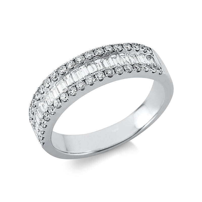 Ring 18 kt WG. 20 Baguette 0.39 ct. TW-vsi. 38 Brillanten 0.39 ct. TW-si. B:5.2 mm. Weite:53.5