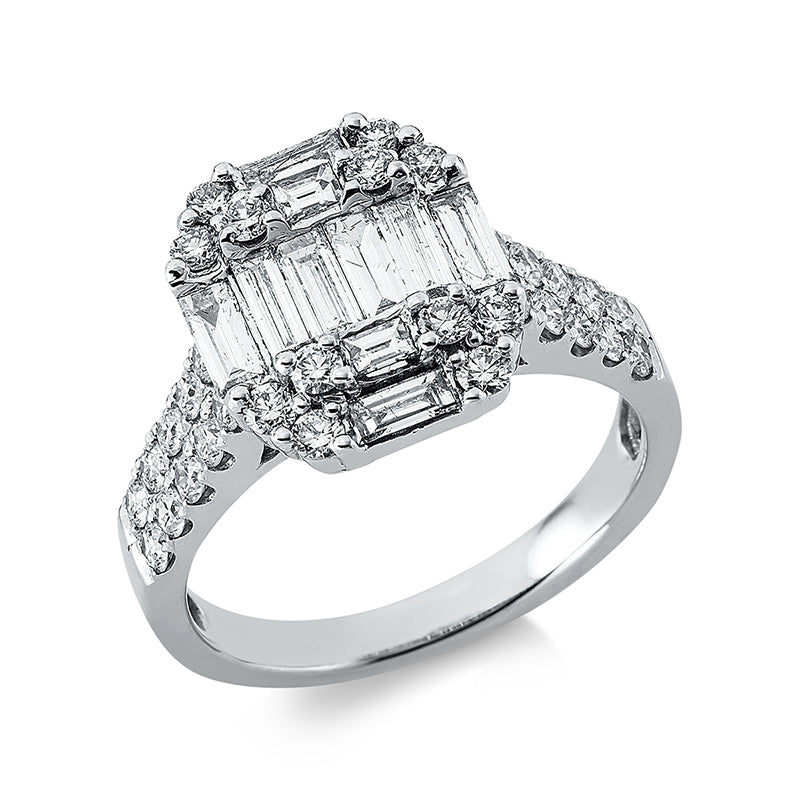 Ring 18 kt WG. 8 Baguette 0.51 ct. TW-vsi. 2 Baguette 0.15 ct. TW-vsi. 32 Brillanten 0.80 ct. TW-vsi/si. Weite:53.5