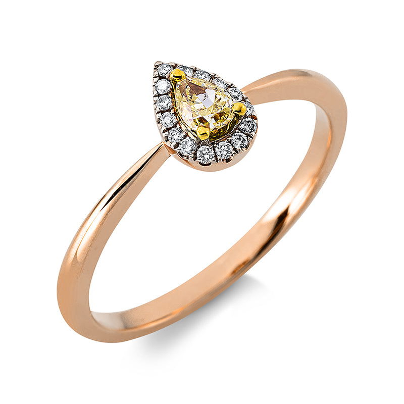 Ring 18 kt WG+GG+RG. 15 Brillanten 0.06 ct. TW-si. 1 Tropfen 0.19 ct. gelb. H:5.0 mm. B:7.2 mm. Weite:53