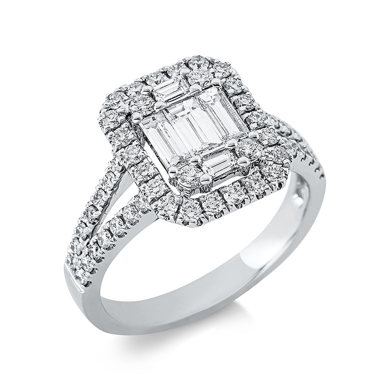 Ring 18 kt WG, 5 Bag. 0,60 ct, TW-vsi/si, 54 Brill. 0,65 ct, TW-vsi/si