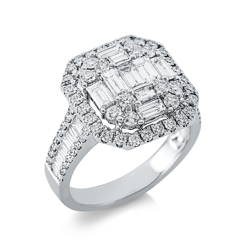 Ring 18 kt WG, 29 Bag. 1,06 ct, TW-vsi/si, 72 Brill. 0,87 ct, TW-vsi/si