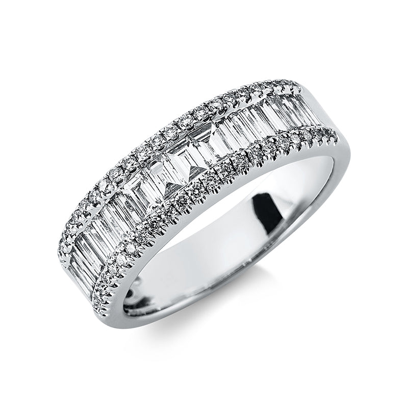Ring 18 kt WG. 20 Baguette 0.69 ct. TW-vsi. 48 Brillanten 0.24 ct. TW-si. B:5.9 mm. Weite:53