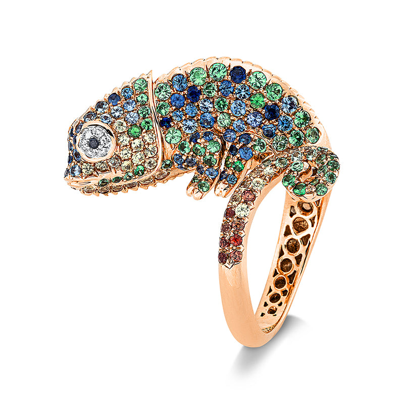 Ring 18 kt RG+WG Chamäleon. 12 Brillanten 0.07 ct. TW-vsi. 2 Brillanten 0.01 ct. schwarz. 11 Saphire 0.15 ct orange. 47 Saphire 0.61 ct gelb. 106 Tsavorith 1.72 ct grün. 101 Saphire 1.55 ct blau. Weite:53