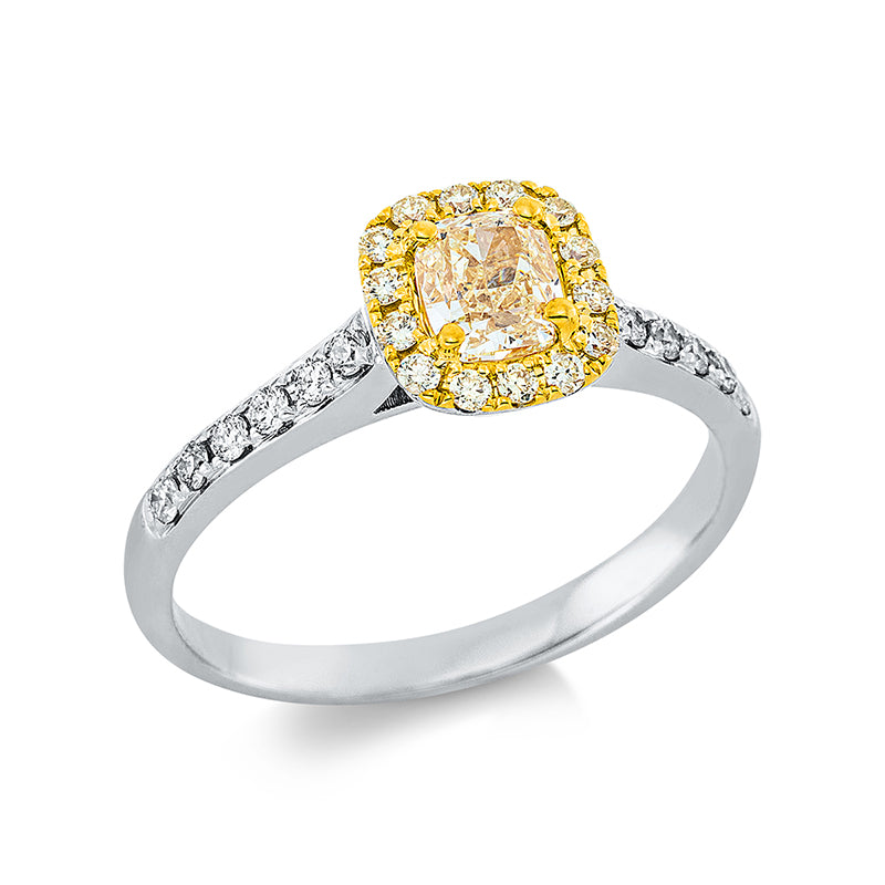 Ring 4er-Krappe 18 kt WG+GG. 12 Brillanten 0.16 ct. TW-si. 1 Cushion 0.63 ct. gelb. 14 Brillanten 0.12 ct. gelb. Weite:54