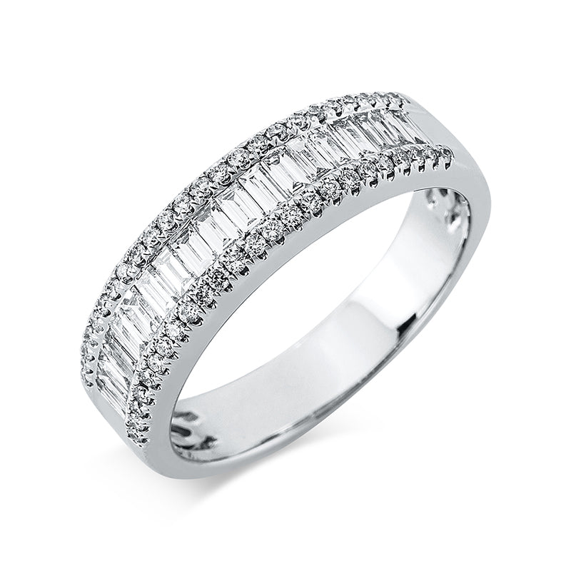 Ring 18 kt WG. 19 Baguette 0.50 ct. TW-vsi. 48 Brillanten 0.18 ct. TW-si. B:5.3 mm. Weite:53