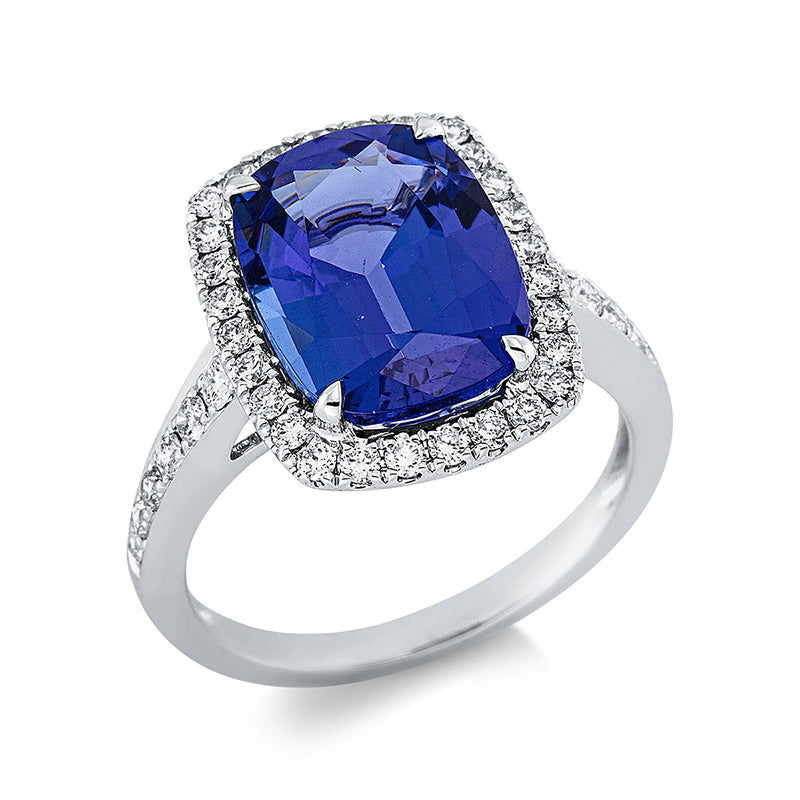 Ring 18 kt WG, 40 Brill. 0,53 ct, TW-si, 1 Tansanit 5,70 ct blau
