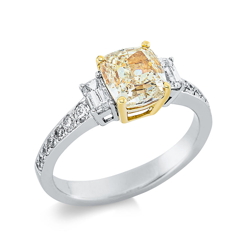 Ring 4er-Krappe 18 kt WG+GG. GIA2223213328. 2 Sm.schliff 0.38 ct. TW-si. 1 Cushion 2.00 ct. gelb-si2. 14 Brillanten 0.24 ct. TW-si. Weite:54