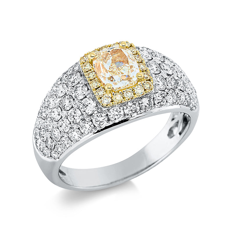 Ring 18 kt WG+GG. 66 Brillanten 1.40 ct. TW-si. 18 Brillanten 0.14 ct. gelb. 1 Cushion 1.01 ct. gelb. Weite:54