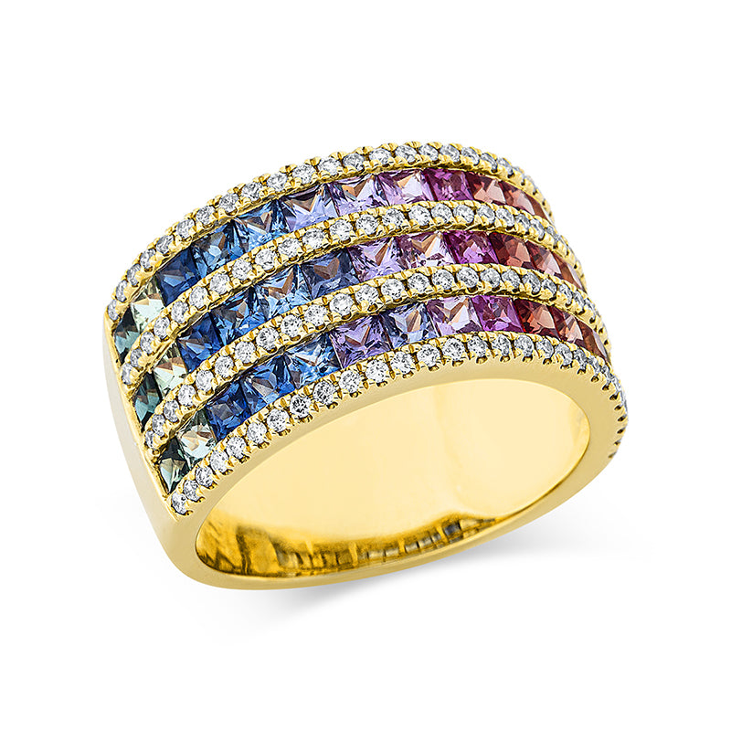 Ring 18 kt GG, 114 Brill. 0,46 ct, TW-si, 45 Saphire 3,11 ct fancy