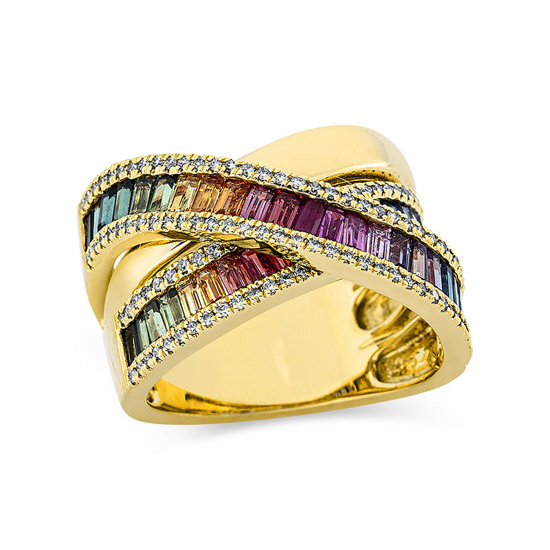 Ring 18 kt GG, 130 Brill. 0,38 ct, TW-si, 42 Saphire 3,06 ct fancy