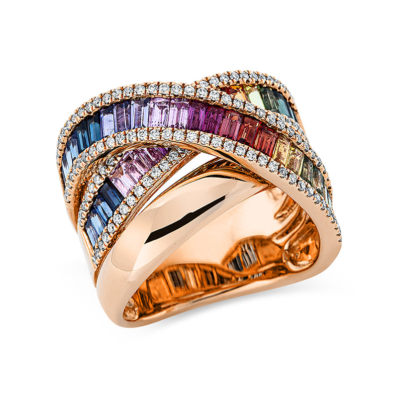 Ring 18 kt RG, 130 Brill. 0,37 ct, TW-si, 40 Saphire 2,85 ct fancy